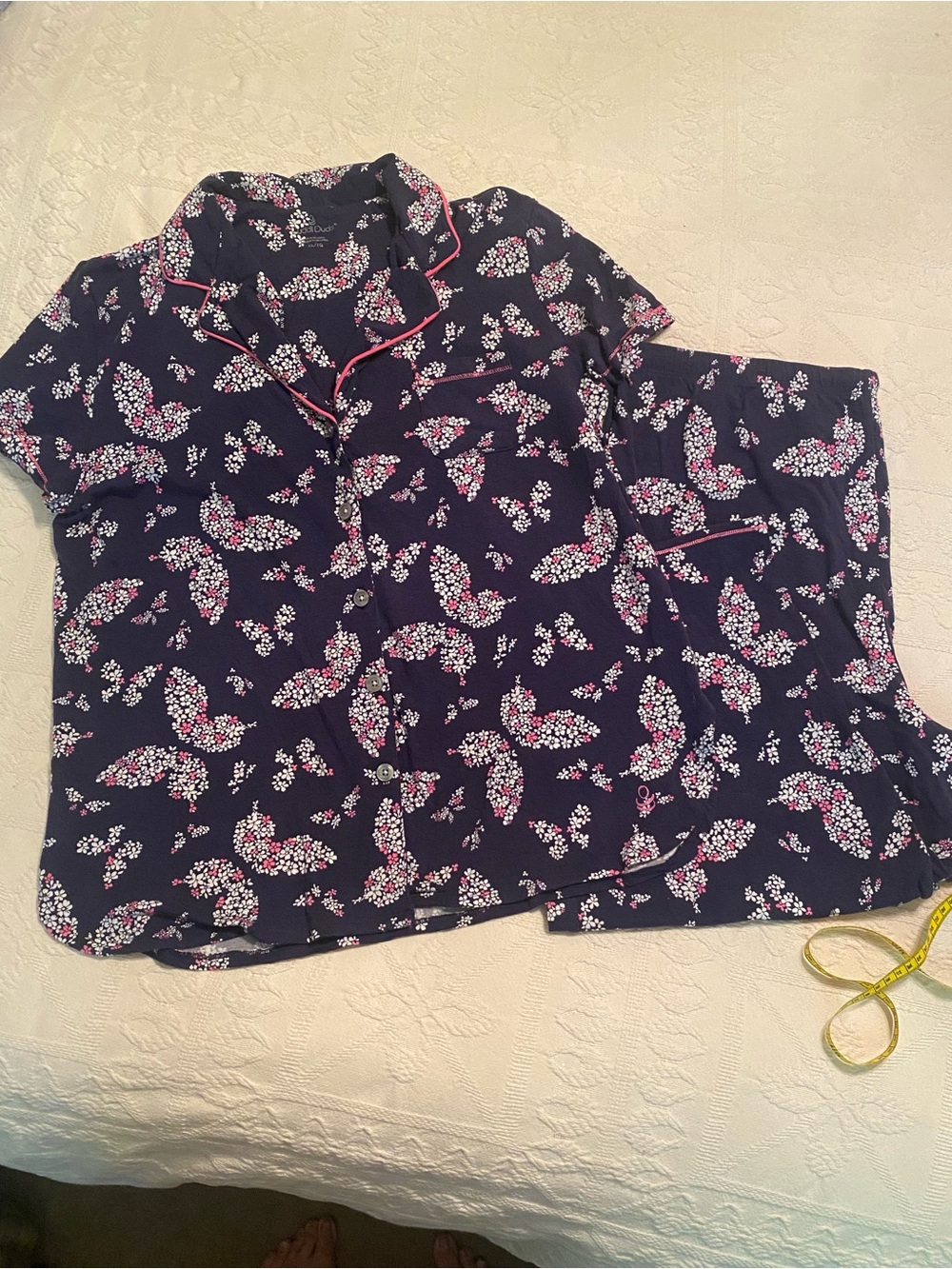 Cuddle Duds Navy Floral Short Sleeve Pajama Set with Pink Trim